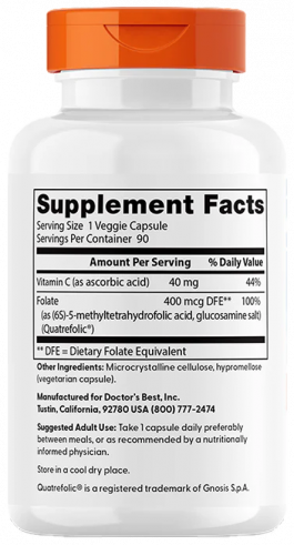 Doctor's Best Fully Active Folate 400, Фолиевая кислота с витамином С, 90 капсул