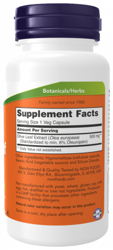 NOW Olive Leaf Extract 500 mg, Экстракт листьев оливы 500 мг, 60 капсул